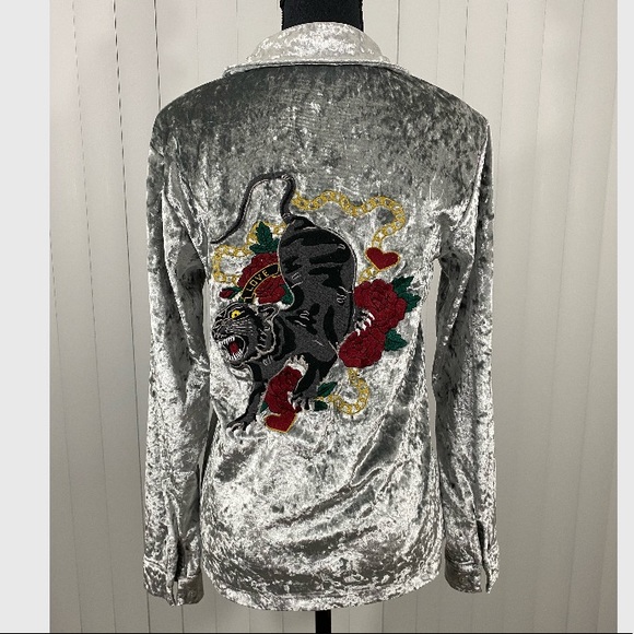 JADED LONDON Crushed Velvet Button Down Shirt Blouse Embroidered Panther Silver - Picture 7 of 14